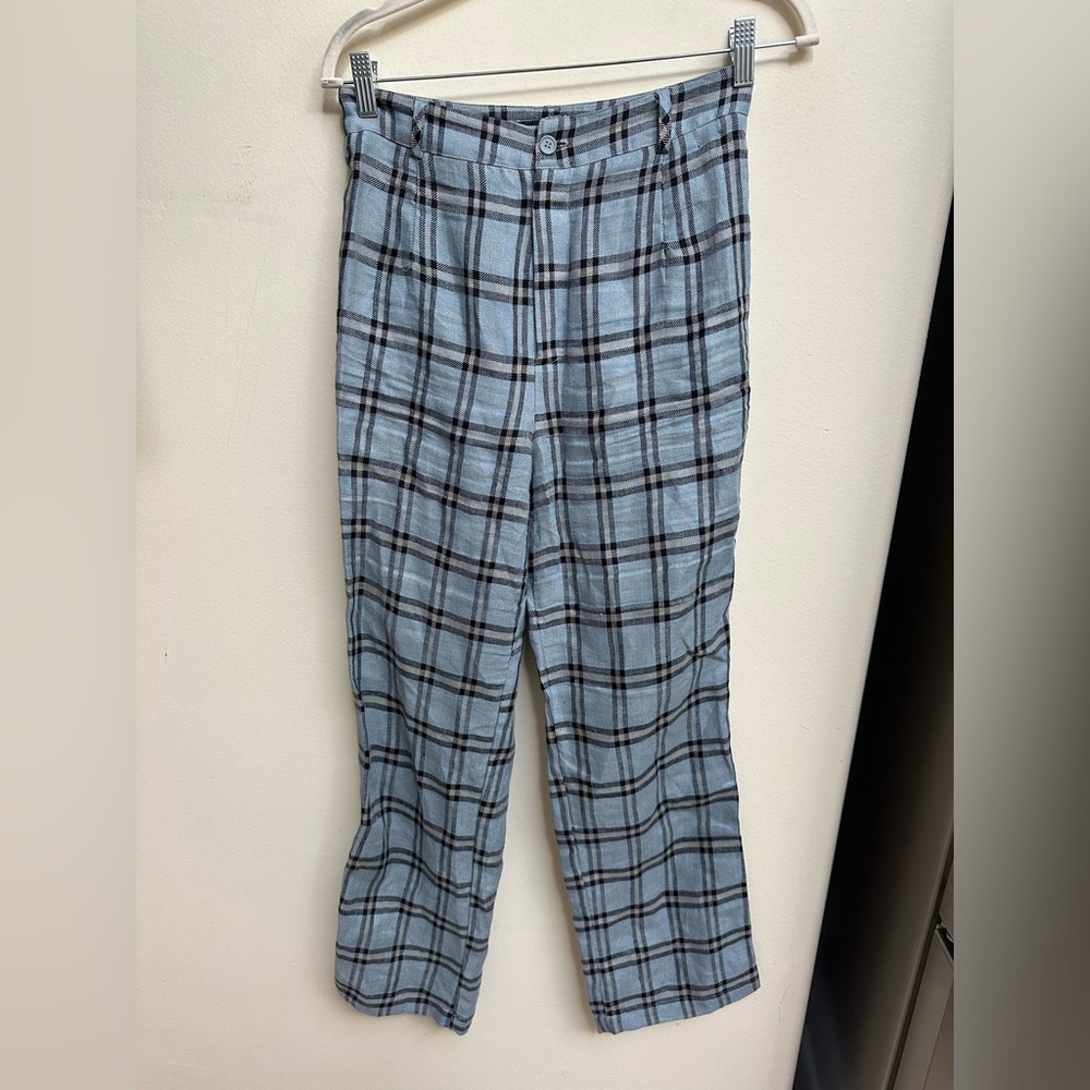 Reformation Blue Plaid Linen Pants - 8 " Frankie" in " Calais"